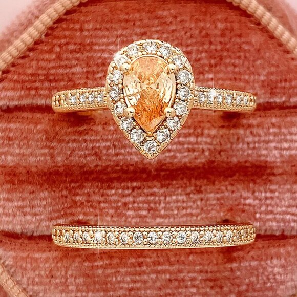 NEW 18k Gold Champagne Diamond Ring Pear Cut Teardrop Ring Set of 2 Rings - Picture 4 of 7